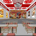 Bright Restaurant Interior With Red Ceiling Blue Menu Board And Wooden Tables Red Chairs