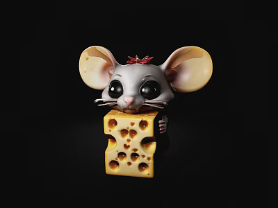 Cute Gray Mouse Doll With Large Ears Red Bow Holding Holed Cheese 3d model