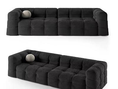 Black Multi Seater Sofa With Plush Tufted Design And Round Accent Pillow 3d model