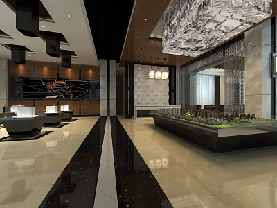 Modern Lobby Interior Design With Marble Floor Chandelier Reception Desk And Plant Decor 3d model