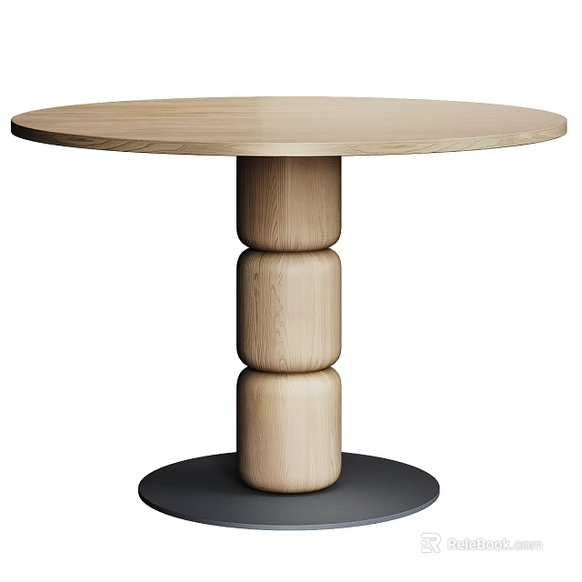 Modern Round Solid Wooden Dining Table With Stacked Cylindrical Legs And Black Base 3d model