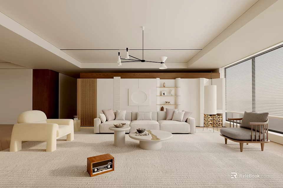 Modern Living Room Interior Design With Beige Sofa Armchair Round Coffee Table And Blinds 3d model 