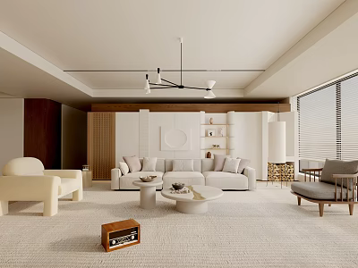 Modern Living Room Interior Design With Beige Sofa Armchair Round Coffee Table And Blinds 3d model