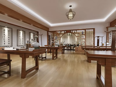 Chinese Traditional Culture School Classroom With Wooden Tables Calligraphy Works And Lantern Chandelier 3d model