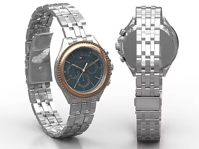 Stylish Modern Watch With Silver Metal Strap Blue Dial And Gold Bezel 3d model