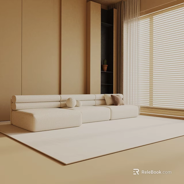 Beige Three Seater Sofa In Modern Living Room With Blinds Light Carpet And Potted Plant 3d model 