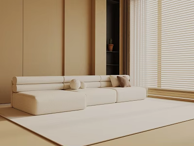 Beige Three Seater Sofa In Modern Living Room With Blinds Light Carpet And Potted Plant 3d model