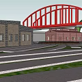 Architectural Landscape Structure With Green Railings Wooden Base Arched Stone Building Columns And Pavement