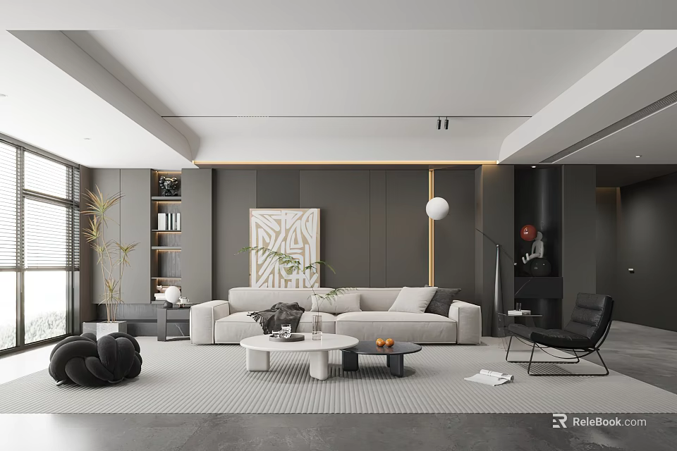 Modern Living Room Interior With Beige Sofa Coffee Table Floor Lamp And Decorative Painting 3d model 