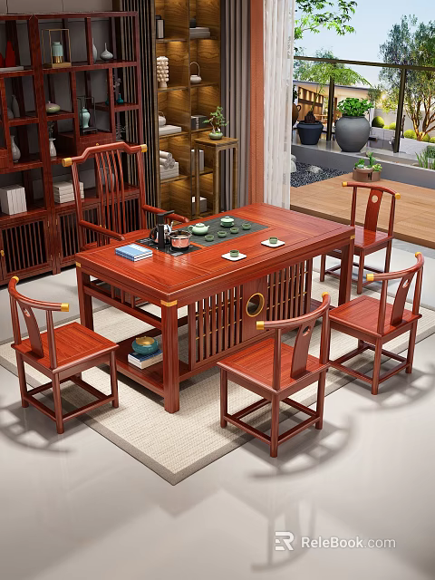 Traditional Chinese Solid Wood Tea Table And Chairs With Tea Set In Living Room 3d model 