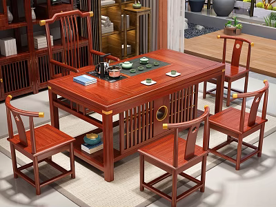 Traditional Chinese Solid Wood Tea Table And Chairs With Tea Set In Living Room 3d model