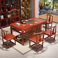 Traditional Chinese Solid Wood Tea Table And Chairs With Tea Set In Living Room