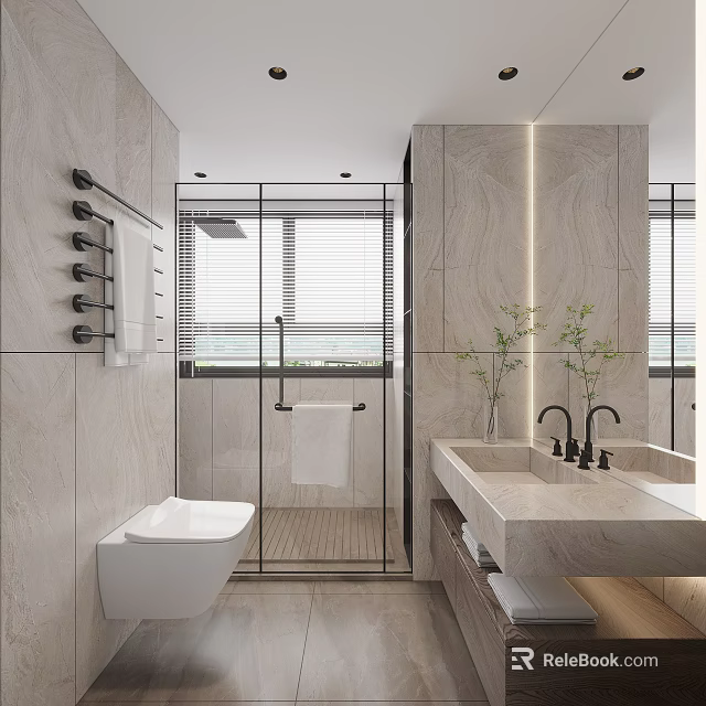 Modern Bathroom Interior With Glass Shower Enclosure Smart Toilet Double Marble Sink Vanity And Blinds 3d model 