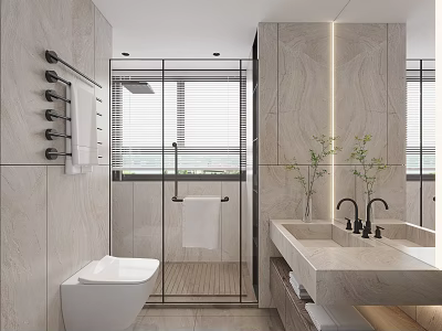 Modern Bathroom Interior With Glass Shower Enclosure Smart Toilet Double Marble Sink Vanity And Blinds 3d model
