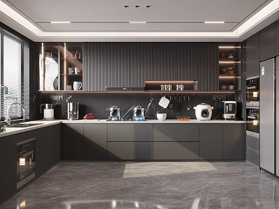 Modern Kitchen With Dark Cabinets Stainless Steel Appliances And Window For Natural Light 3d model