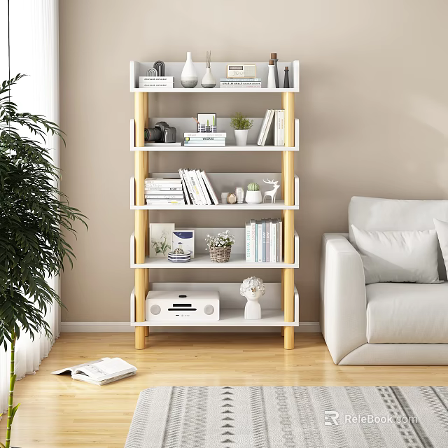 Modern White Wooden Shelving Unit With Books Decorations In Living Room Near Sofa 3d model 