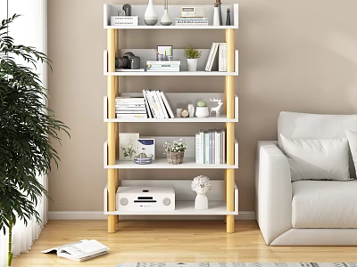 Modern White Wooden Shelving Unit With Books Decorations In Living Room Near Sofa 3d model