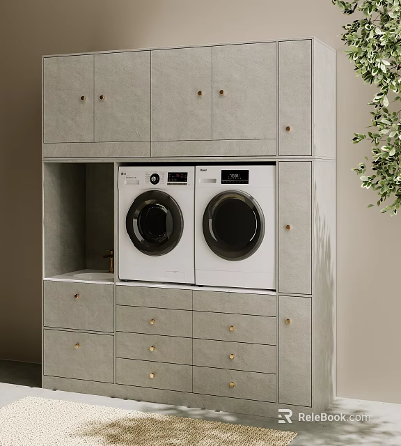 Bathroom Cabinetry With Washer Dryer Compartment Gray Finish And Gold Handles 3d model 