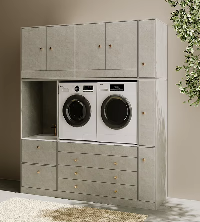 Bathroom Cabinetry With Washer Dryer Compartment Gray Finish And Gold Handles 3d model