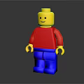 Lego Figure with Yellow Head Red Shirt Blue Pants Smiling Face on Dark Reflective Surface