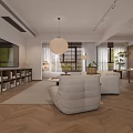 Modern Living And Dining Room Interior With White Sofa Wooden Coffee Table And Area Rug