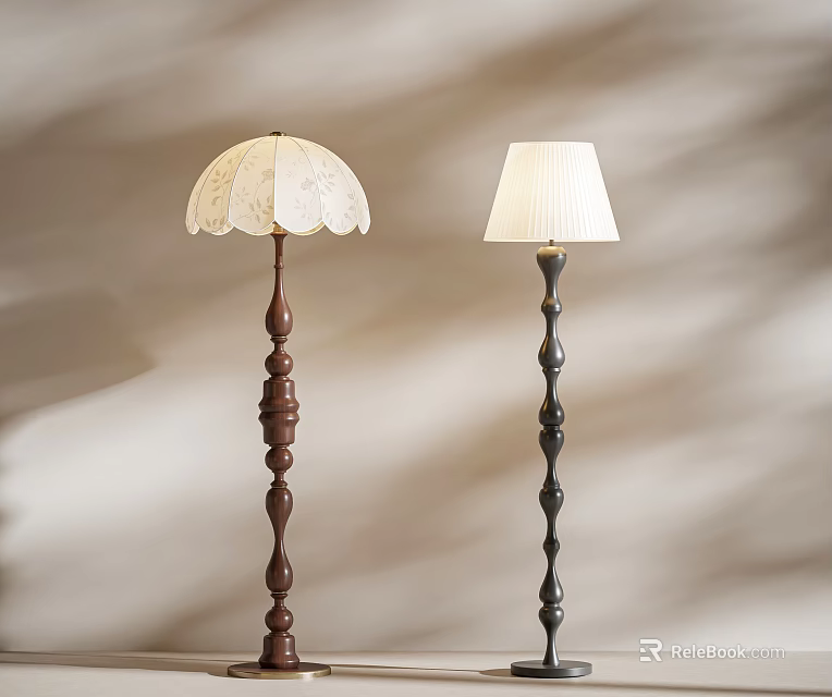 Elegant Floor Lamps Featuring Wooden Carved And Metal Spiral Bases With Patterned And Plain Shades 3d model 