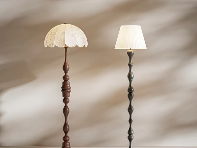 Elegant Floor Lamps Featuring Wooden Carved And Metal Spiral Bases With Patterned And Plain Shades 3d model