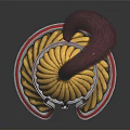 Traditional Ancient Helmet With Yellow Body Red Trim And Curved Purple Plume