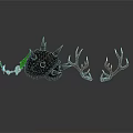 Fantasy Weapon With Spiked Black Core And Antler Shaped Green Accents