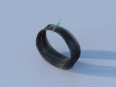 Black Spiral Coil Wire Bundle Tied With Green String On Light Blue Background 3d model