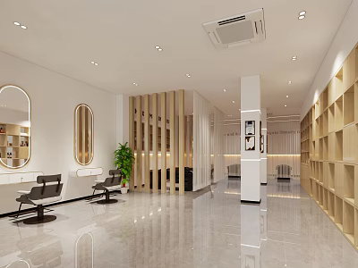 Elegant Bright Modern Beauty Hair Salon Interior Design With Stylish Mirrors And Light Wood Partitions 3d model