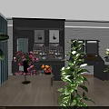 Stylish Modern Interior Space With Green Plants Counter Decorations And Wall Art