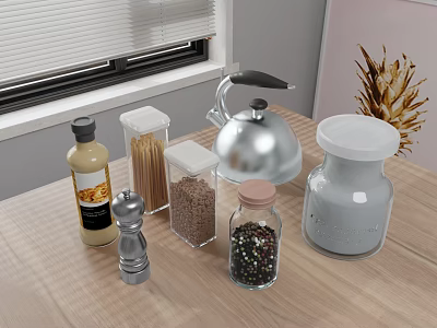 Different Types Of Spice Containers On Wooden Countertop In Modern Kitchen 3d model