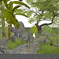 Serene Courtyard Garden With Lush Trees Decorative Rocks Stone Path And Green Lawn