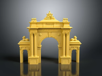 Scenic Landscape Featuring Golden Classical Arch With Ornate Carvings And Statues On Top 3d model