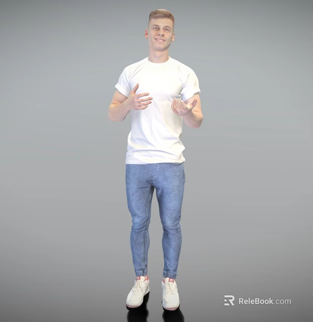Man In White T-Shirt And Blue Jeans Gesturing With Open Hands On Gray Background 3d model 