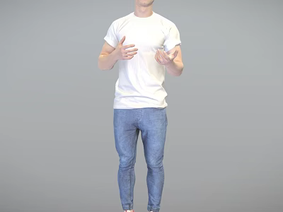 Man In White T-Shirt And Blue Jeans Gesturing With Open Hands On Gray Background 3d model