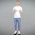 Man In White T-Shirt And Blue Jeans Gesturing With Open Hands On Gray Background