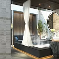 Modern SPA Sauna Interior Design With Stone Walls Round Mirror Marble Countertop And Plant