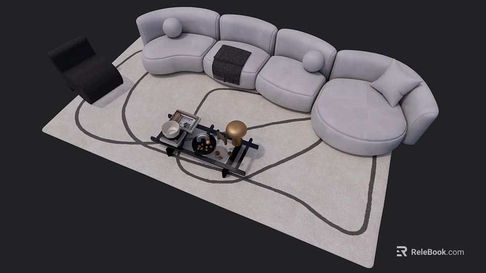 Modern Light Gray Curved Sofa Coffee Table Set With Black Armchair Decorative Items And Rug 3d model 