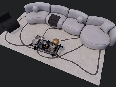 Modern Light Gray Curved Sofa Coffee Table Set With Black Armchair Decorative Items And Rug 3d model