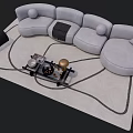 Modern Light Gray Curved Sofa Coffee Table Set With Black Armchair Decorative Items And Rug