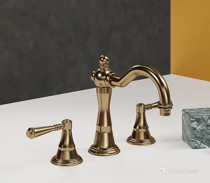 Elegant Golden Faucet With Two Handles And Transparent Stone On White Counter 3d model 