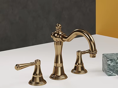 Elegant Golden Faucet With Two Handles And Transparent Stone On White Counter 3d model