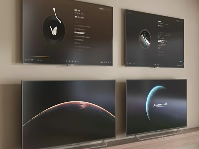 Sleek Modern Televisions Displaying Earth Image And App Interface On Wall And Stand 3d model