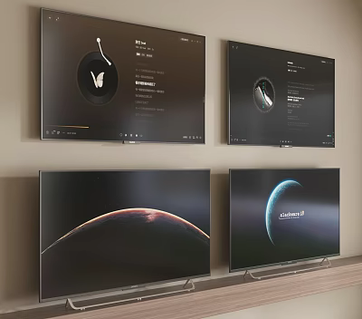 Sleek Modern Televisions Displaying Earth Image And App Interface On Wall And Stand 3d model