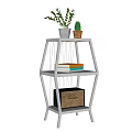 White Multi Tier Shelf Unit With Potted Plants Books And Radio On Wooden Floor