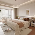 Modern Bedroom Interior With Beige Brown Bedspread Pillows Window Blinds And Wooden Floor