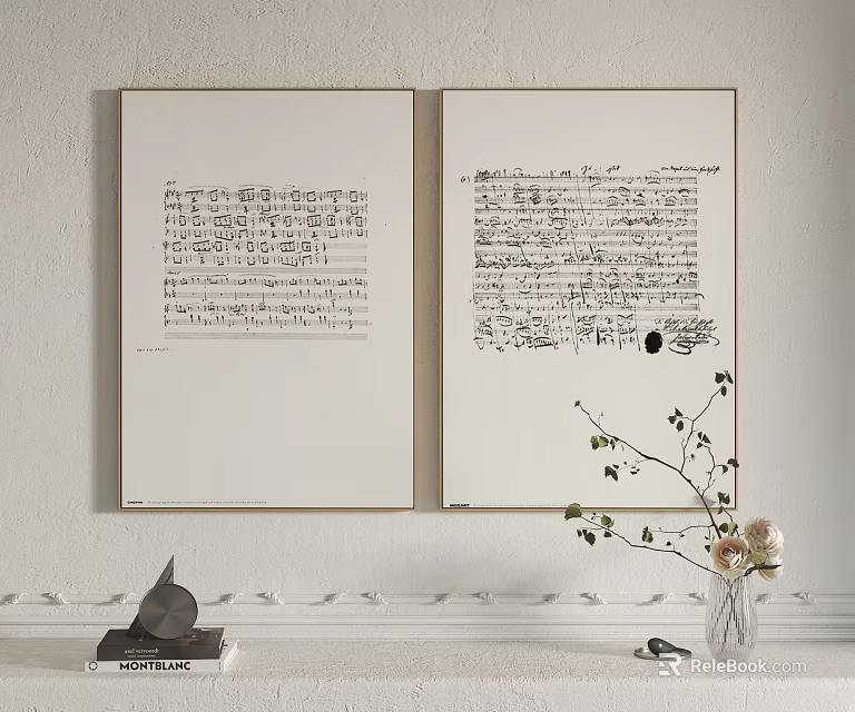 Vintage Music Sheet Posters Hanging On Wall With Decorative Vase And Flowers 3d model 