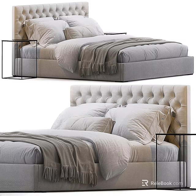 Elegant Double Bed With Tufted Headboard Light Linen Bedding And Throw Blanket 3d model